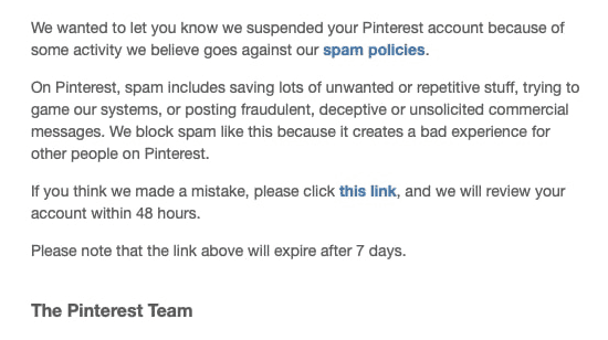 Pinterest Account Suspended