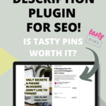 Image shows desktop with a pinterest pin description and text reading the best pin description plugin for SEO